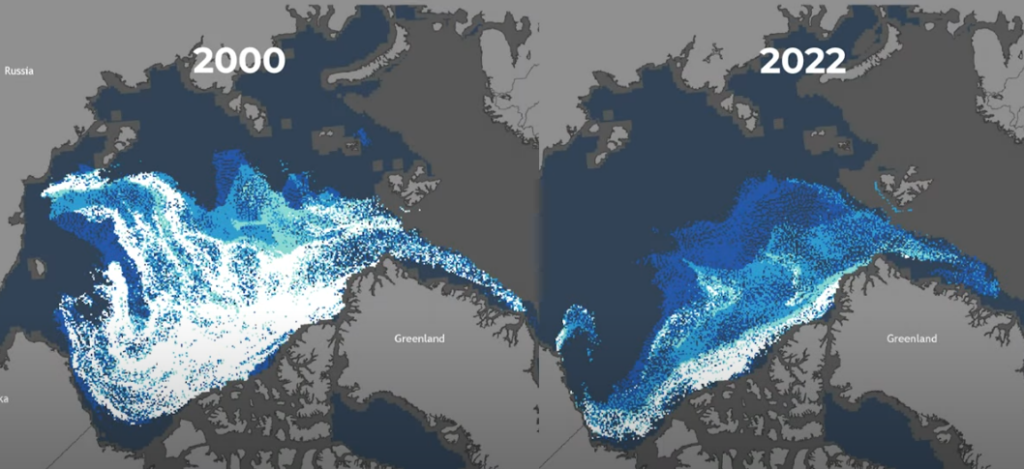 Arctic ice in 2000 and 2022